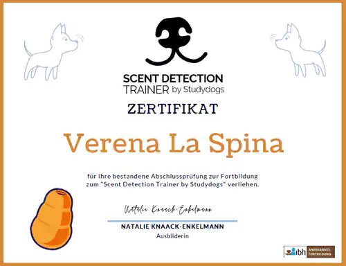 Zertifikat über „Scent Detection“ für Hunde der Hundeschule Petra Stank